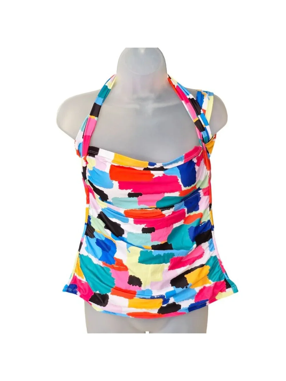 Multicolor Abstract Halter Tankini Top M Ruched Lined Removable Padding - Picture 1 of 6